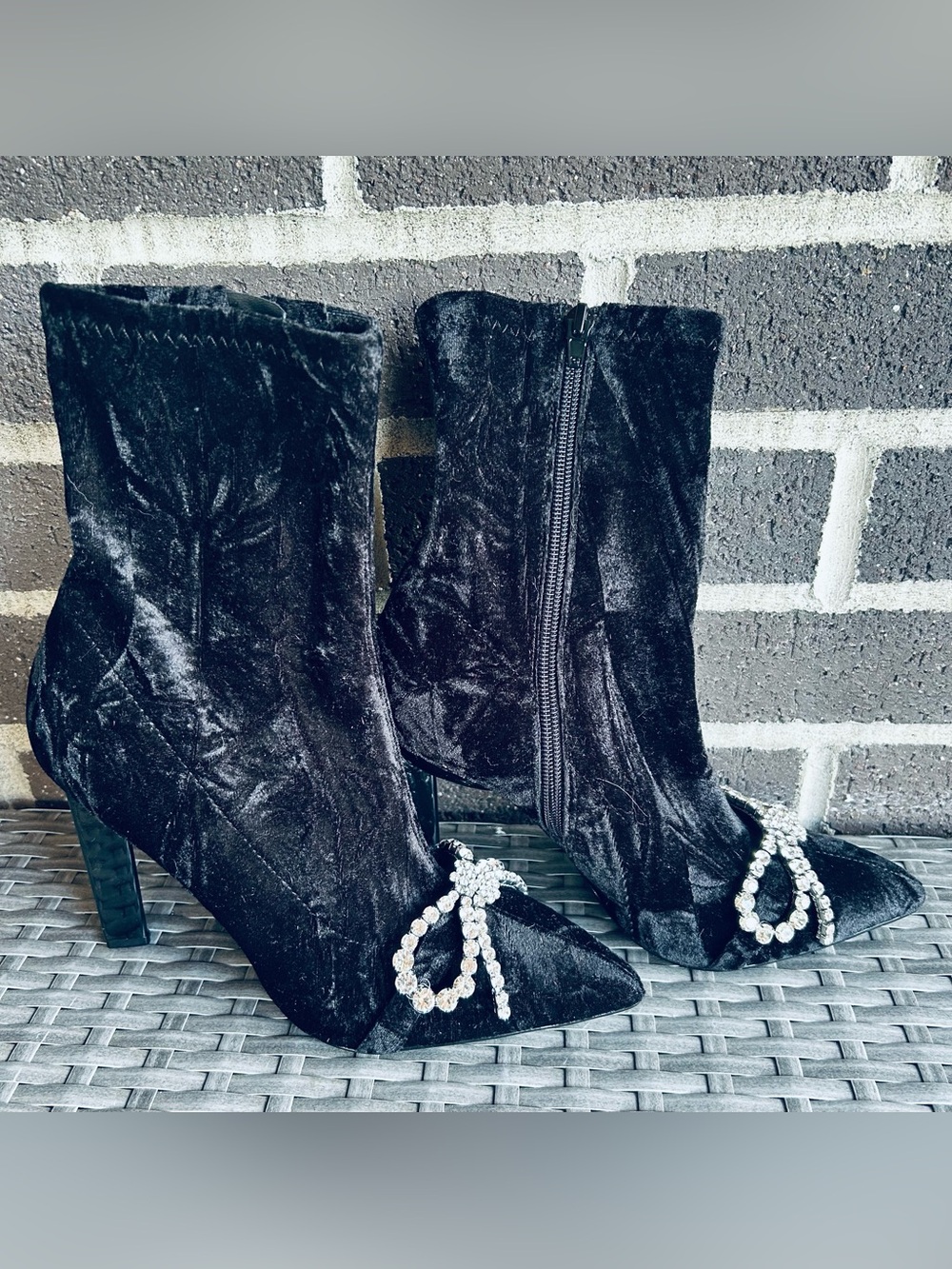 Call It Spring Black Velvet Pointed Toe Ankle Boots with Crystal Bow